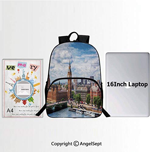 Preschool Children Bookbag,Extensive Cityscape With Big Ben Westminster Bridge on River Thames and Clouds Image 15.7" Multicolor,Travel & Hiking Backpack Daypack Bag Organizate Textbooks and Pens