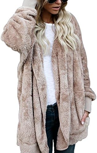 Women Fuzzy Fleece Jacket Open Front Hooded Cardigan Coat Outwear Pockets