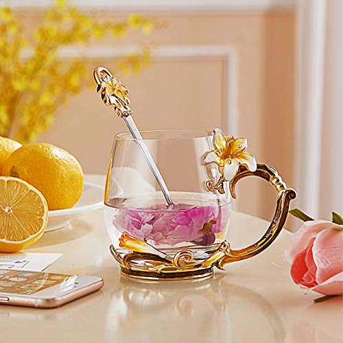 Tea Cup Coffee Mug Cups, Creative Lily Flower Glass Tea Cup, Handmade Tea Mug, Unique Personalized Birthday Present Ideal for Friend Wedding Anniversary Christmas Birthday - 12OZ Yellow