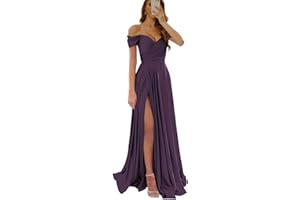 Wirunsy Women's Off The Shoulder Bridesmaid Dresses with Slit Satin Formal Gowns Long Prom Evening Party Dress with Pockets