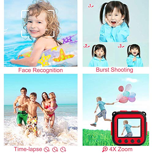 PROGRACE Kids Camera Underwater Waterproof Camera for Kids Camcorder for Boys Girls 4X Digital Zoom 3-Level Volume Adjustment(Red)