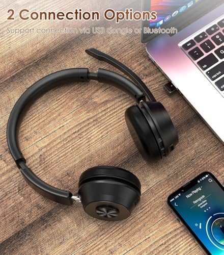 Bluetooth Wireless Headset with Noise Cancelling Microphone, Best Headset with Mic Mute & USB Dongle for PC/Computer/Laptop/Cell Phones/Remote Work/Call Center