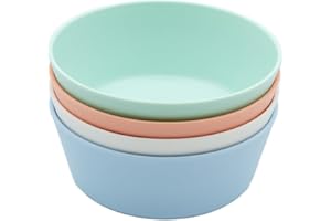 WeeSprout Bamboo Kids Bowls, Set of Four 10 oz Kid-Sized Bamboo Bowls, Dishwasher Safe Kid Bowls (Pastel Coral, Blue, Mint & Off White)