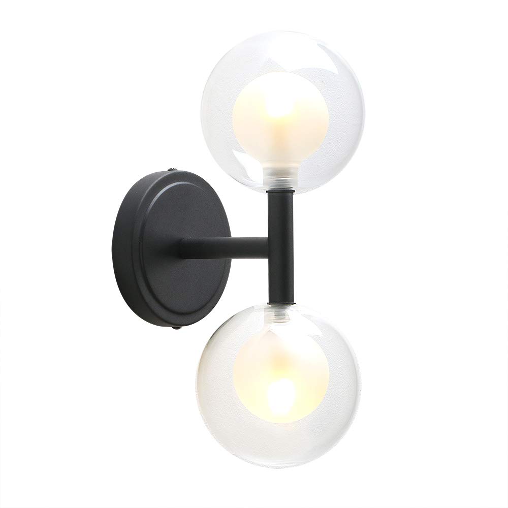Phansthy Retro Industrial Wall Light Double-Headed Double Layer Glass Shades Sconces Straight Pole Transparent 12cm Small Globe Glass Lampshade Wall lamp for Vanity Mirror Bedroom (Black)