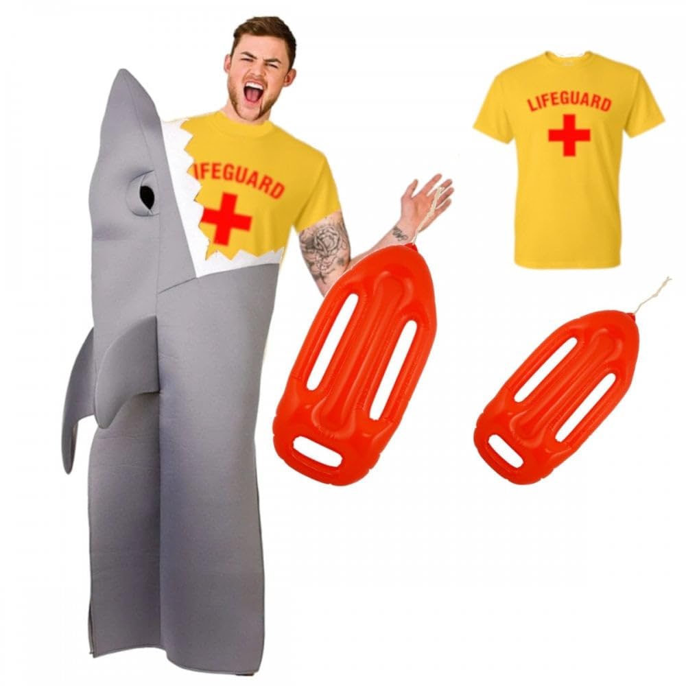 A2ZFD Adult Unisex Funny Shark Jaws Costume + Lifeguard T-Shirt (Various Sizes) + Inflatable Float : Stag Novelty Fancy Dress (XL (46/48"))