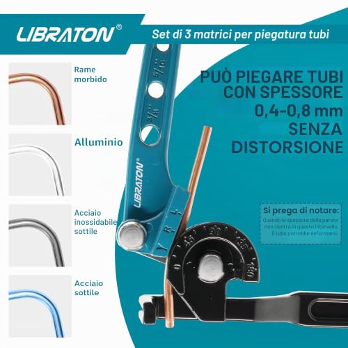 LIBRATON Manual Pipe Bender, Copper Pipe Bender, 180 Degree Pipe Bender, 3 in 1 Pipe Bender for Copper Pipe 1/4" 5/16" 3/8" with Mini Pipe Cutter and Deburrer, for Brass, Aluminium and Thin Steel Tubes