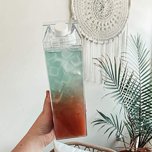 Clear Milk Carton Water Bottle Creative Square Transparent Cup + Straw + Storage Bag (17 oz)