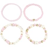 COLORFUL BLING Adjustable Imitated Pearl Stackable Stretch Bracelet Set Beaded Heart Strand Bracelet for Women Bridal Bridesmaids Wrap Bangle Wedding Jewelry