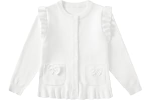 LIFAKY Girls Cardigan Sweater Button Long Sleeve Ruffle School Uniform Crewneck Pockets Knit Solid Sweaters Tops