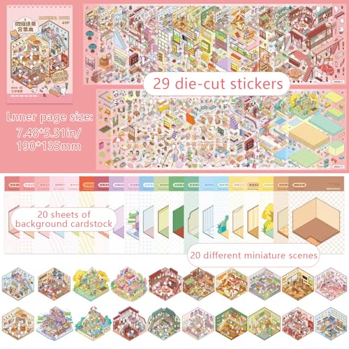 deegbbyi 20 Sets 3D House Stickers Fun, 3D House Stickers with 2 Tweezers, Miniature Sticker Scene, Fun Stacking for Adults and Children, Relieves Stress and Entertainment