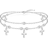 Cross Anklets for Women Cross Anklet Sterling Silver Beaded Multilayer Ankle Bracelets Dainty Layering Adjustable Chain Charm Jewelry Mothers Day Gifts