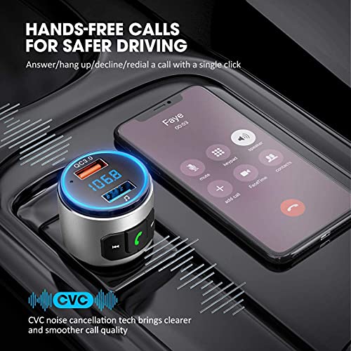 VicTsing Bluetooth FM Transmitter for Car, Bluetooth V5.0, QC3.0 Car Radio Audio Adapter with LED Backlit, Dual USB Charging, Hands-Free Calling, Car Bluetooth MP3 Player Supports USB Disk and Siri