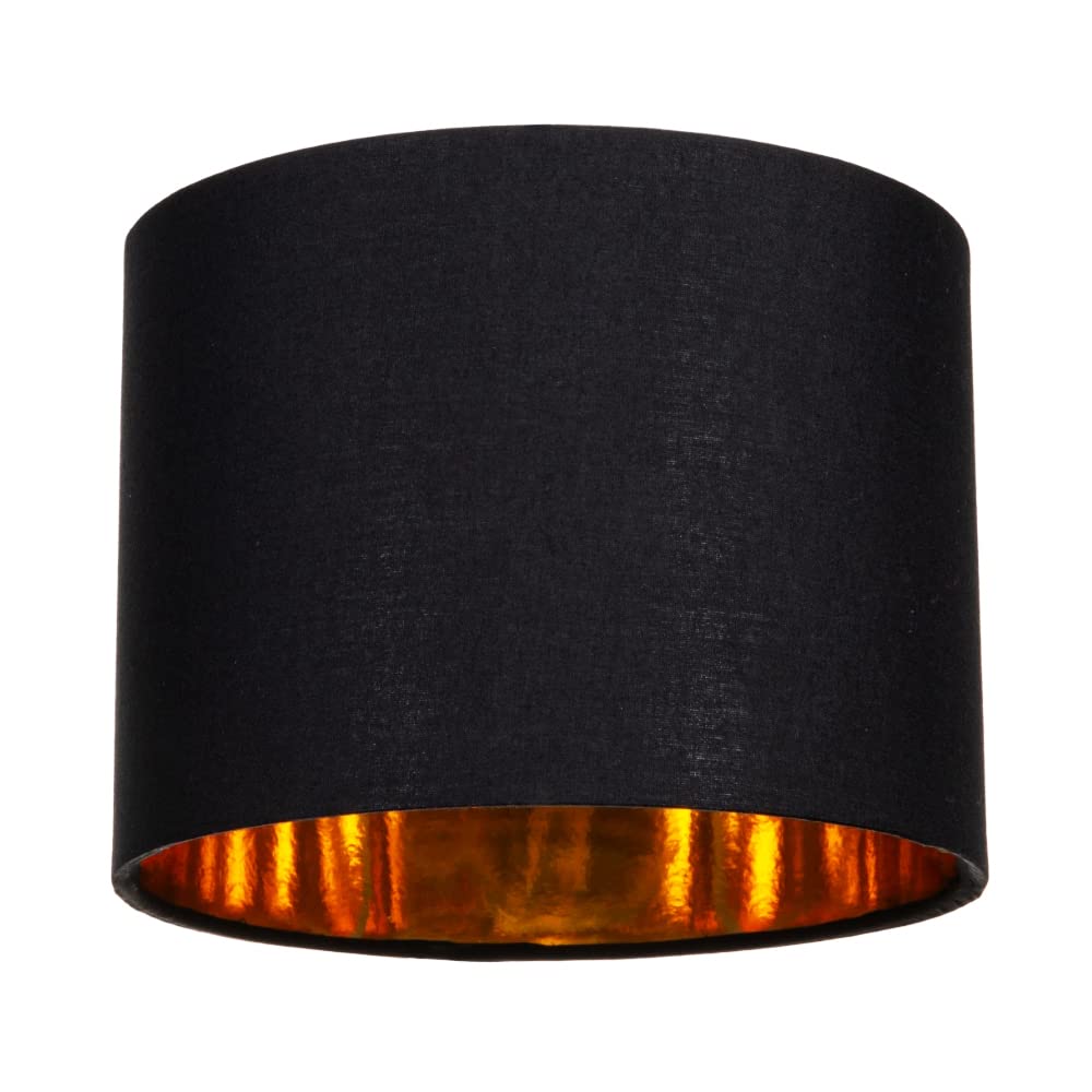 Modern and Stylish Black Cotton Fabric Small 8" Drum Lamp Shade with Shiny Golden Inner - 40watt Maximum by Happy Homewares
