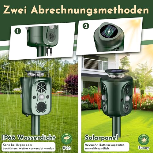Ultrasonic Solar Cat Deterrent, 360 Degree Cat Deterrent for Garden, 5 Modes, Adjustable Marten Deterrent, Animal Repellent, 10 m Mader Repellent for Marten Cats Raccoon Dogs Birds Mice