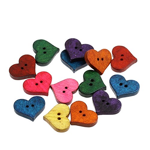 HOUSWEETY 100PCs Wood Sewing Buttons Heart-shaped Scrapbooking Mixed 20mm x16.5mm