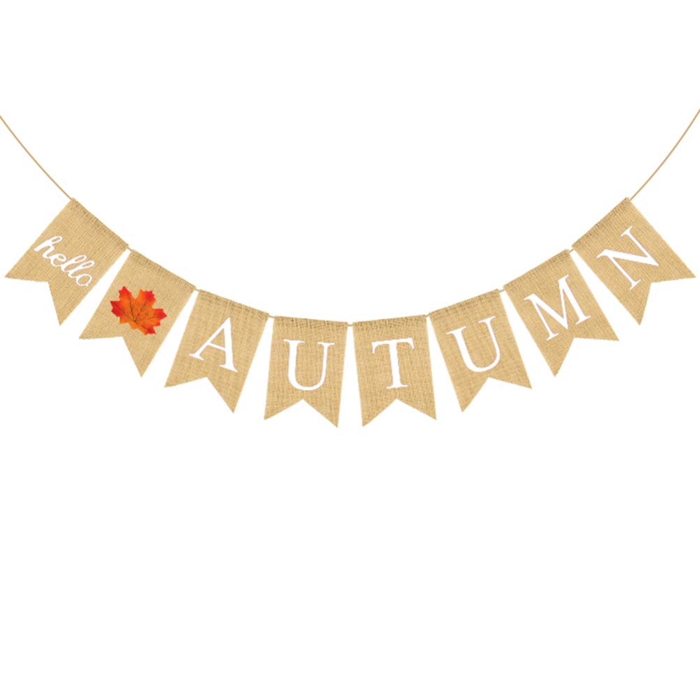 Amosfun Thanksgiving Decoration HELLO AUTUMN Banner Thanksgiving Banner Maple Leaves Bunting Linen Swallowtail Garland Fall Festival Flag Party Supplies