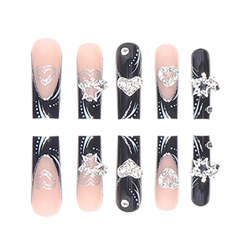 Black Press on Nails Long Square BAOYAALIN, Y2K Fake Nails with 3D Alloy Charms Design Gel Glue on Nails for Women Girls Full Cover Acrylic Artificial False Stick on Nail for Wedding 24Pcs in 12 Sizes - Image 3