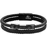 Magna Steel Men's Two-Layer Braided Genuine Leather Wheat Chain Bracelet with Stainless Steel Ornaments