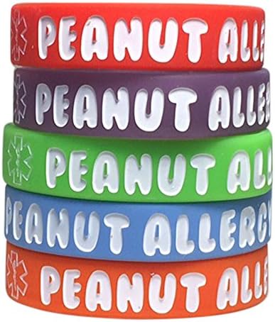 Kid's Peanut Allergy Silicone Medical Alert Bracelet(Pack of 5) Red, Orange, Blue, Purple, Green (6 inches)