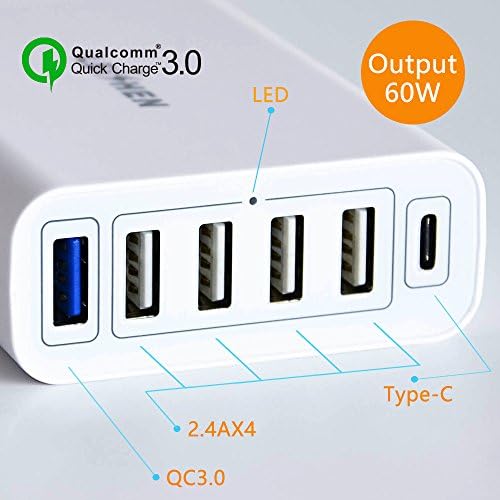 LEISHEN Quick Charge 3.0 63W 5-Port USB Wall Charger, PowerPort Speed 5 for Galaxy S7 / S6 / Edge / Plus, Note 5 / 4 and PowerIQ for iPhone 7 / 6s / Plus, iPad Pro / Air 2, LG, Nexus, HTC &amp; More