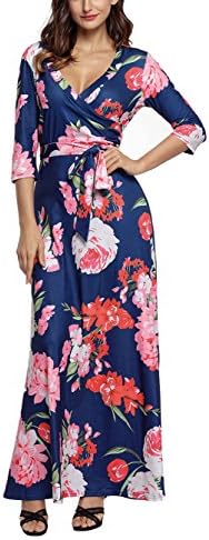 Dokoll Women Wrap Casual Tie Floral Print Maxi Long Dress with Belt