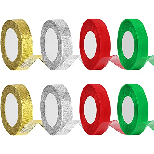 DECYOOL 8 Rolls 300 Yards Christmas Ribbons Metallic Glitter Fabric Organza Holiday Festival Ribbons 4/5