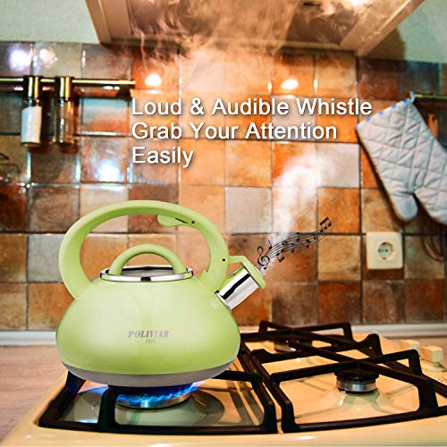 Poliviar Tea Kettle, 2.1 Quart Green Loud Whistle Food Grade Stainless Steel Teapot, Anti-Hot Handle and Anti-Rust, Suitable for All Heat Sources (JX2018-GRE20)
