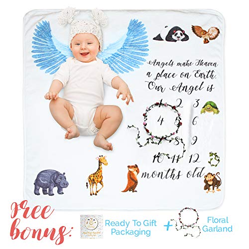 Milestone Blanket for Newborn Girl or Boy - Thick Flannel Fleece Blanket (40 x 40") with Numbers, Flower Wreath and Box for Personalized Photos - Perfect Baby Shower Gift for Moms and Newborns