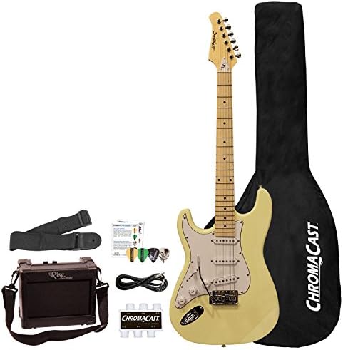 Sawtooth ES Series Beginner's Left-Handed Electric Guitar with Guitar Bag, Amp, and Accessories, Vanilla Cream with White Pickguard