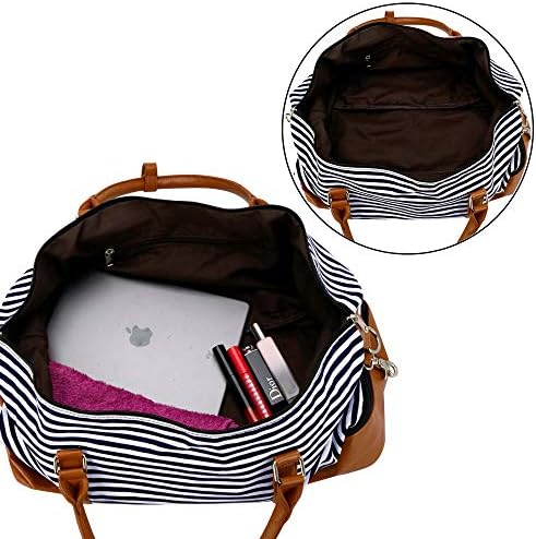 Weekender Bag Carry on Overnight Duffel for Women, Carrying Weedkend Travel Bags for Ladies, Large Canvas& PU Leather with Shoe Compartment Duffel (Blue Strips) 5 Weekender Bag Carry on Overnight Duffel for Women, Carrying Weedkend Travel Bags for Ladies, Large Canvas& PU Leather with Shoe Compartment Duffel (Blue Strips)