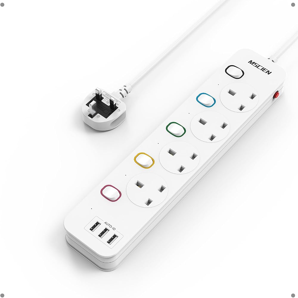 Mscien 1M Extension Lead with USB 4 Way Wall Mounted Power Strip 13A 3250W