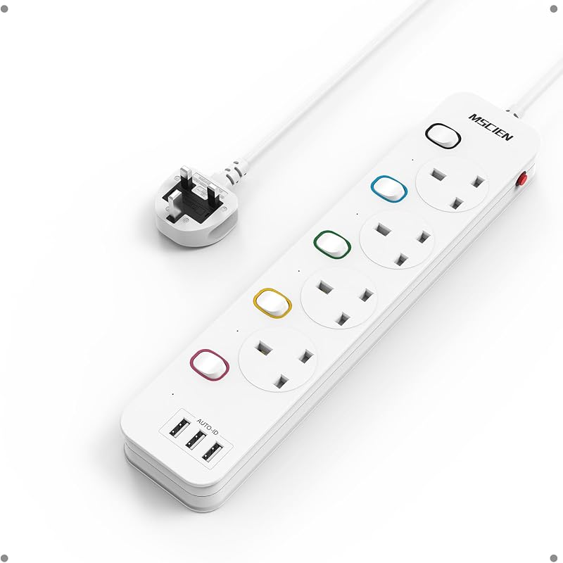 Mscien 1M Extension Lead with USB 4 Way Wall Mounted Power Strip 13A 3250W