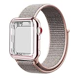 QIENGO Compatible with Apple Watch Band with Case 38MM, Soft Nylon Strap with Silicone Protective Case, Replacement for iWatch Sport Series 3/2 / 1 (Pinksand, 38mm)