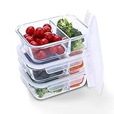 Homgeek Glass Food Storage Containers 2 Compartment Meal Prep Containers Portion Control Lunch Box with Snap Locking Lids, Leak proof, Microwave, Oven, Freezer & Dishwasher Safe(3-Pack, 32 Oz)