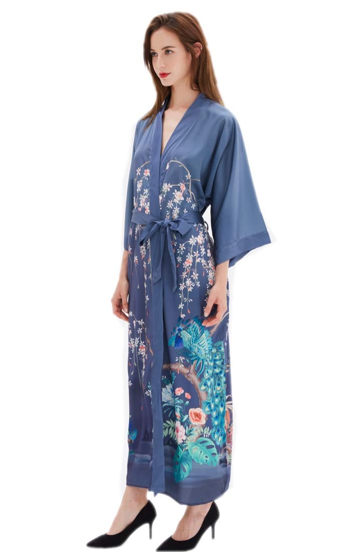 Prettystern Women Floor-Length long Silk Kimono Dress Gown Robe Flowers Garden Pond Grey-Blue L08