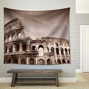 Rome, Italy. Famous Colosseum, Flavian Amphitheatre. Ancient Landmark. Sepia Tone - Retro Monochrome Color Style - Fabric Wall Tapestry Home Decor - 51x60 inches
