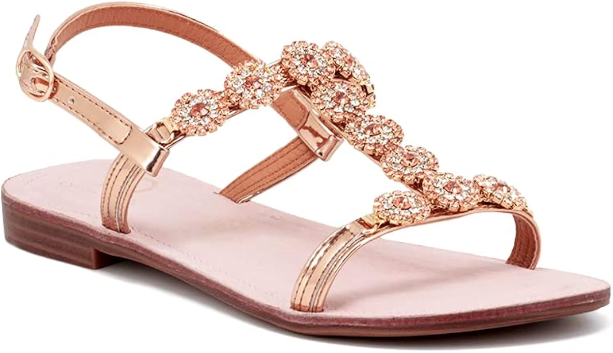 Glitzer Strass Sandalen Damen - Flache Barfuß Sandalen Mit Elastik (Gr. 35-46)