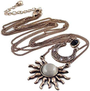 Grenf Fashion Retro Little Fresh Antique Silver Brass Colors Multilayer Sun Moon Sweater Chain Necklace Gemstone Pendant for womans (Antique Brass)