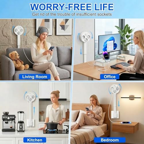 Regleta con barra de extensión extensible, 3 enchufes retráctiles con USB C y USB A para mesa, oficina, cocina, escritorio regulable en altura