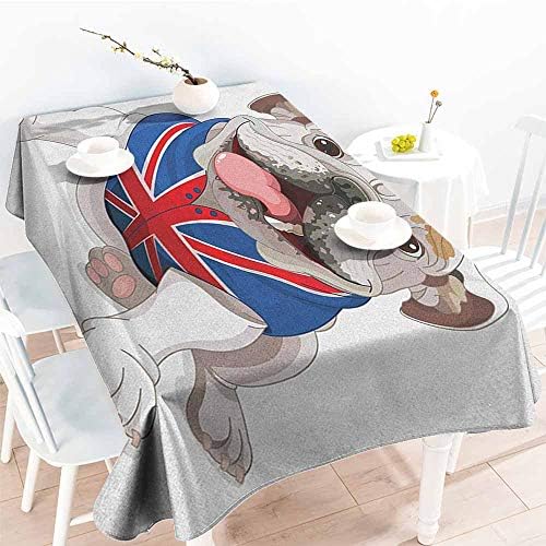familytaste English Bulldog,Fabric Tablecloth Happy Dog Wearing a Union Jack Vest Cartoon Style Animal Design 60"x 90" Rectangular Tablecloth