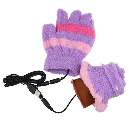 Livoty USB Heating Winter Gloves Women Hand Warm Gloves Heated Fingerless Warmer Mitten (Purple) - Thumbnail 2