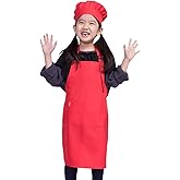 ALIPOBO Kids Apron and Chef Hat Set, Children's Adjustable Bib Apron with 2 Pockets. Cute Boys Girls Kitchen Apron for Cooking, Baking, Painting, Training Wear (2-5 Year, Red)