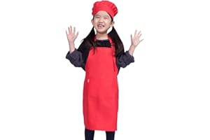 ALIPOBO Kids Apron and Chef Hat Set, Children's Adjustable Bib Apron with 2 Pockets. Cute Boys Girls Kitchen Apron for Cooking, Baking, Painting, Training Wear (6-12 Year, Red)