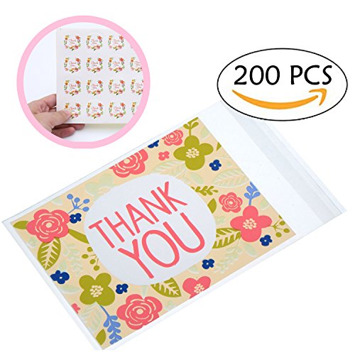 LovesTown 200 Pcs THANK YOU Pink Flower Cookie Packaging Self-adhesive Plastic Bags With 224 Pcs THANK YOU Round Stickers For Christmas Wedding Party Candy Biscuit Party Xmas presents