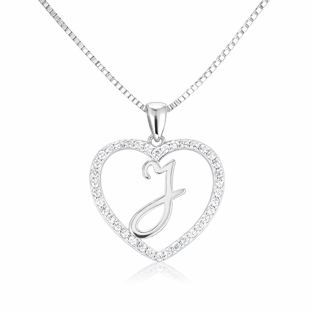 PAVEL´S PAVELS Necklace chain with pendant letter J made of real silver 925 rhodium plated in heart shape surrounded by numerous zirconia