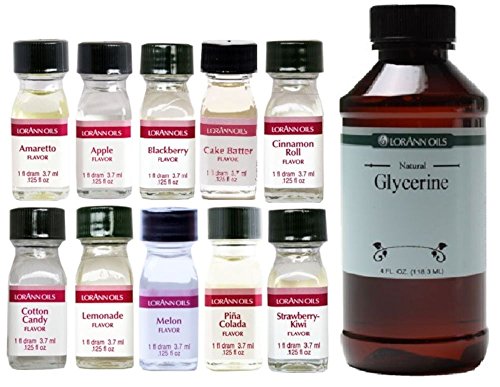 LorAnn Oils Clear Flavors Variety 10 Pack of Drams Bundle #1 (No Oils) with LorAnn's Natural Vegetable Glycerine 4 Ounce Bottle