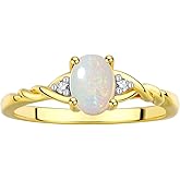 Rylos Rings for Women 14K Gold Plated Silver Classic Style Birthstone Ring 7X5MM Oval Gemstone & Diamonds October Opal Jewelry for Women Size 6