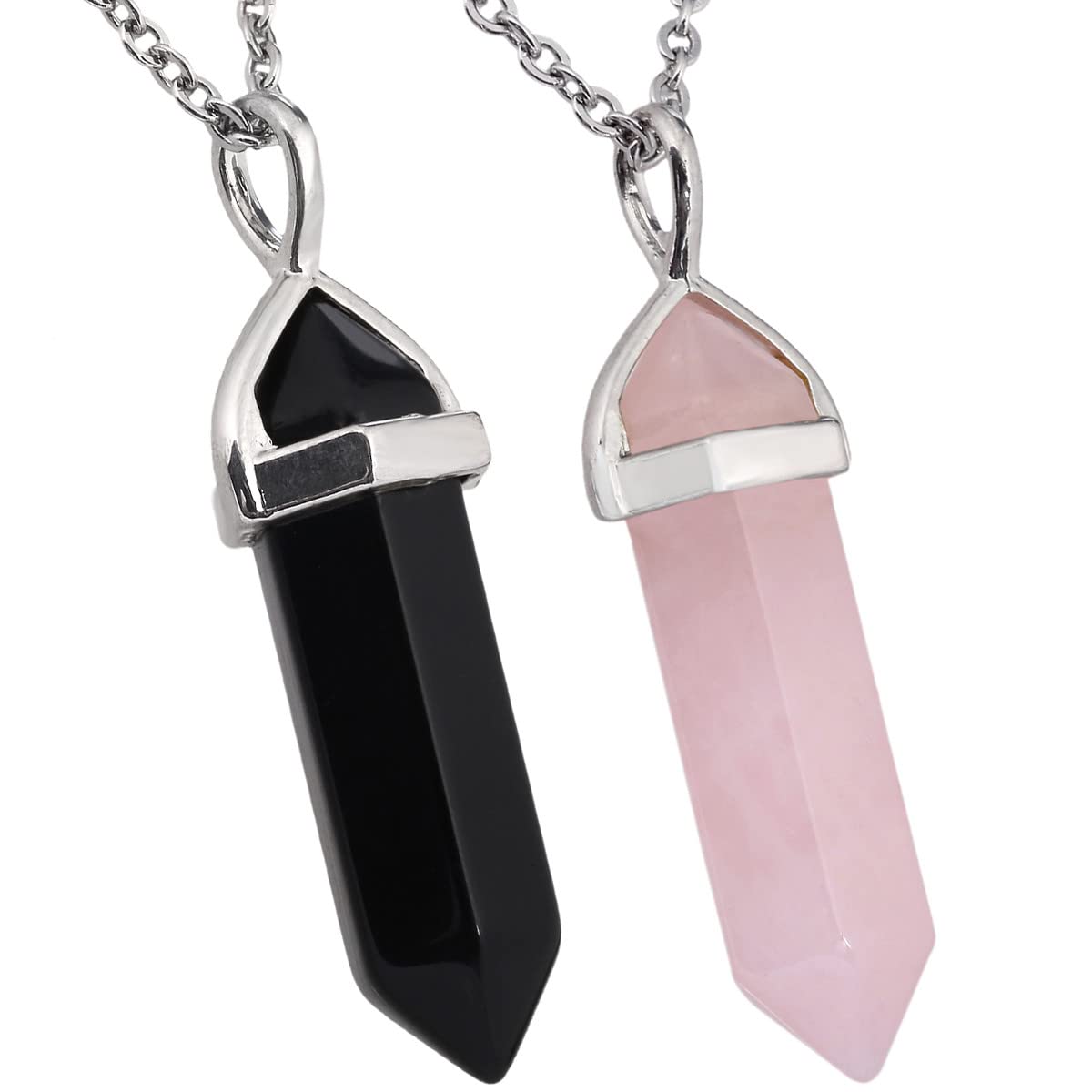 Nupuyai 2pcs Black Agate & Rose Quartz Hexagonal Stone Pendant Necklace for Women Men, Energy Protection Crystal Point Pendant with Chain