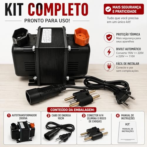 Autotransformador Bivolt 2000VA (1100W Reais) - Conversor de Voltagem 110V/127V para 220V e 220V para 110V - Transformador para TV, Notebook, Impressora, Videogame e Cafeteira - Proteção Térmica