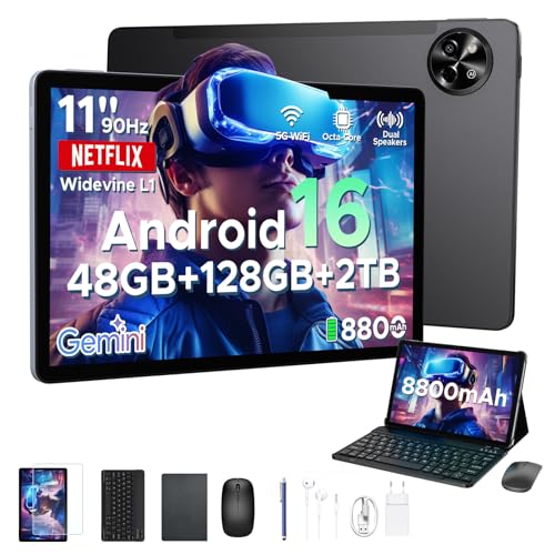 P11 Tablet Android 16, Tablet 11 Pulgadas con 48GB RAM+128GB ROM/TF 2TB, 8800mAh, Tablets Android con 90Hz Display, T7250 Octa-Core, 13MP+5MP, Gemini AI, Widevine L1, Face ID, Teclado, Lapiz, Negro